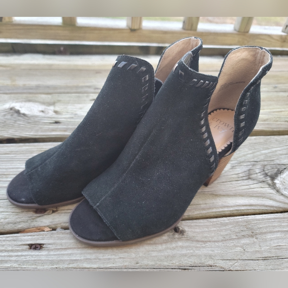 *SOLD* Crown & Ivy Serena Black Open Toe Leather Heeled Slip On Booties Sz: 7.5